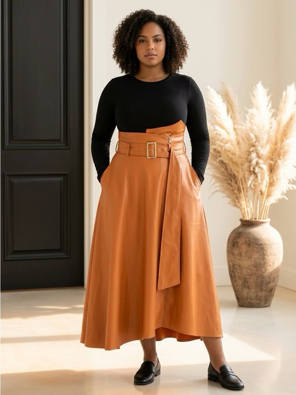 PU Urban Side Pocket Zipper Large Belt Synthetic Leather Skirt